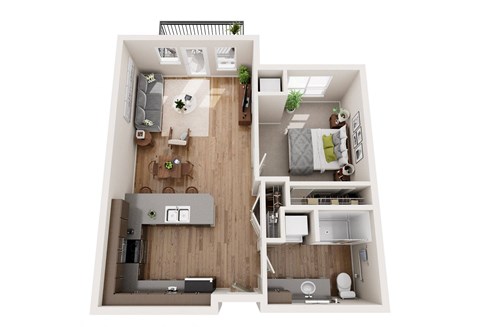 Floor plan for 1 bed, 1 bath, 684 sqft